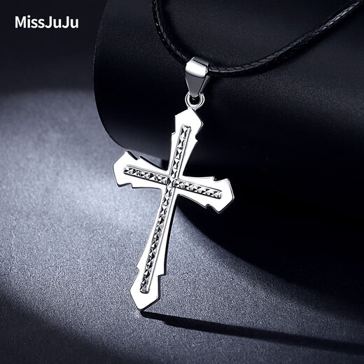 Miss JuJu men's platinum pendant trendy men's flame cross pt950 platinum pendant glossy car flower personalized pendant for women car flower version 8.9-9.1g+ with black leather rope