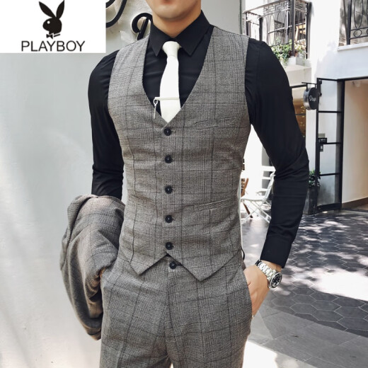 Playboy Brand Official Store New Style Business Casual Vest Pants Two-piece Suit Men's Slim Fit Korean Style Plaid Suit Vest Groomsmen Dress MJ229 Brown Pants Sizes 29-38, height and weight can be noted