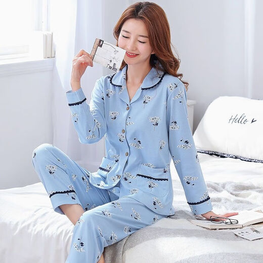 智兜兜居家服唾衣百搭显瘦睡依韩版妇女纯睡衣女春秋款长袖可外穿家居服 t1928 w9901套头款 均码  M 75-100斤