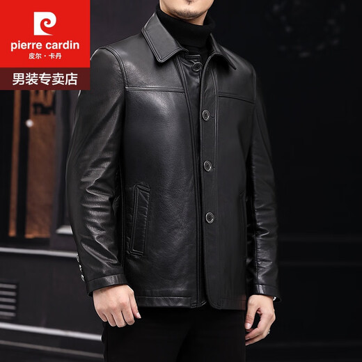 皮尔卡丹（pierre cardin）商务真皮男装头层牛皮翻领中长款真皮皮衣男外套海宁机车皮衣 黑色 黑色薄款 170/L