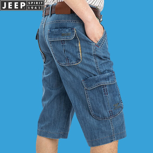 JEEP SPIRIT吉普休闲牛仔短裤男直筒宽松夏季七分裤多口袋工装中裤753 浅蓝753 33