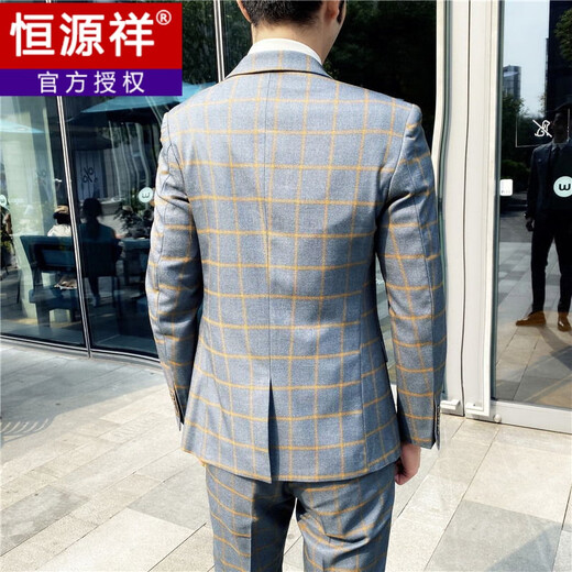 Hengyuanxiang men's suit suit new student plaid groomsmen groom wedding dress casual Korean version slim small suit trend 1909 light gray plaid (suit, trousers) tie M (85-105Jin Jin equals 0.5 kg, left and right wear)