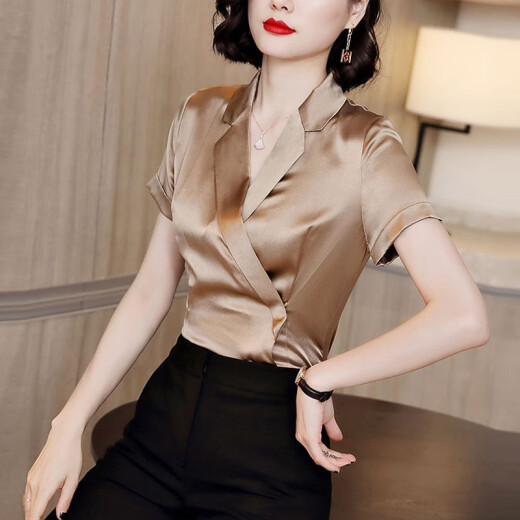 Jing Chunna shirt women's spring and summer 2020 new large size women's clothing satin short-sleeved top chiffon shirt feminine temperament versatile trendy shirt women picture color M