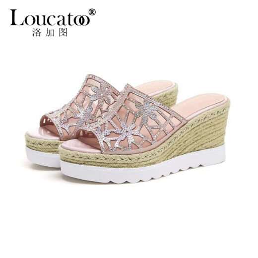 Loucatoo Light Luxury Brand Women's Shoes Autumn Wedge Thick-Soled Shoes Women's 2020 Autumn New European and American One-Flop Platform Shoes Rhinestone Medium Heel Net Sand Fish Mouth Sandals Pink 36