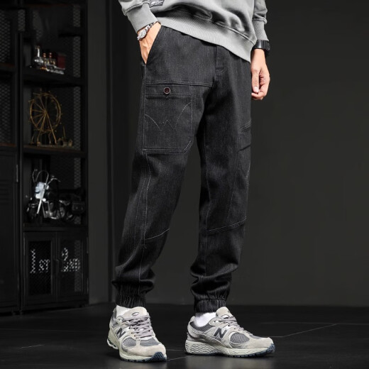 Chaotians American retro workwear jeans men's loose leggings men's autumn and winter elastic multi-pocket harem pants large size trousers black gray M [115-130Jin [Jin equals 0.5 kg]]