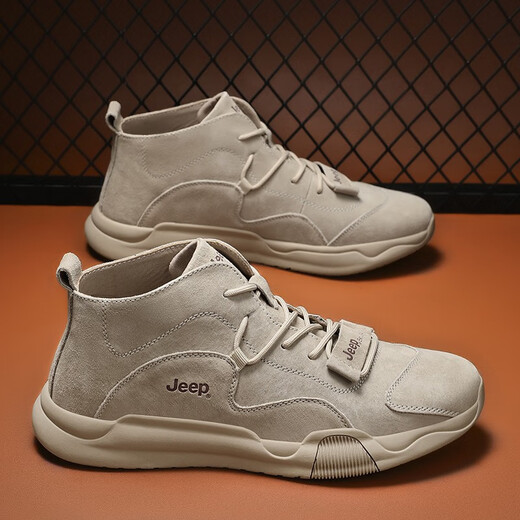 Jeep Herrenschuhe Leichte Kee-Resistante Jeep 2025 Frühlings- und Sommer-Martin Boots Herren Soft Sohle Mid-Top Flat Casual Schuhe Echte Lederschuhe Herren Sandfarbe (Empfohlen von Ladenmanager) 40