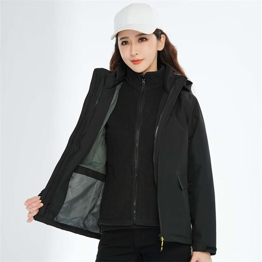 BRELRMON韩版冲锋衣女男防风户外防寒三合一保暖可拆卸滑雪登山服夹克外套 HS12805曜石黑-女 S