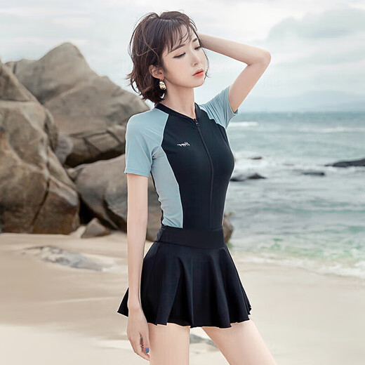 梵迪拉（F.DYRAA）泳衣女泡温泉显瘦游泳馆速干连体泳装可拆卸裙四件套12128黑色XL