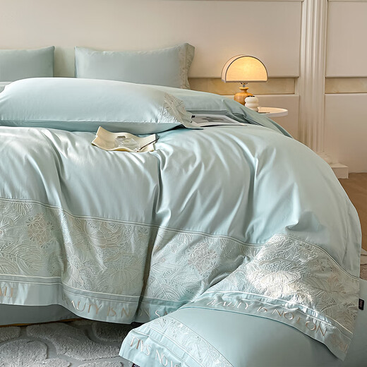 High-end maternal and infant grade Class A 100 count long-staple cotton four-piece floral embroidered quilt cover pure cotton light luxury bedding Class A maternal and infant heavy industry embroidered cotton/Yue-Tianshui Blue 1.8 bed sheet four-piece set-quilt cover 200x230