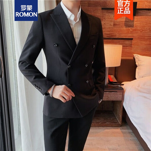 Romon (Romon) Blazer décontracté à double boutonnage pour hommes Slim Fit et Trendy Style British Men Single Western Professional Suit Top X829 Suit Jacket Black S