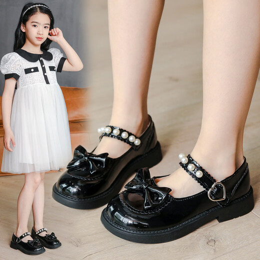 
Xin Yueqing girls' leather shoes Spring and Autumn Korean style British style princess shoes Little girl bow single leather shoes black student performance shoes 9905 black size 27 size 16.5 cm