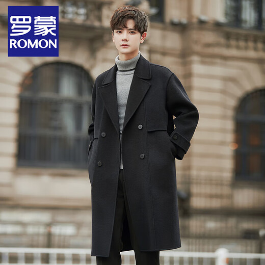 罗蒙（ROMON）双面羊绒大衣男士中长款冬季加厚高级感羊毛呢子过膝风衣男生外套 黑色 L 建议120-130斤