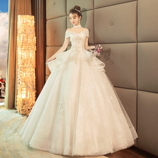 Mo Yishan [Official genuine direct mail] Palace floor-length wedding dress 2020 new Hepburn style one-shoulder French bride wedding slimming large size retro white floor-length L