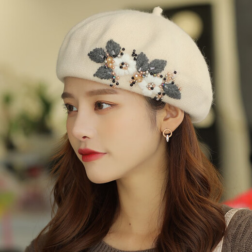 Xiangxue Yuxiu beret women's autumn and winter retro British Korean version versatile hand-embroidered wool painter hat Japanese pumpkin hat beige