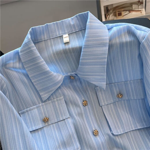 FSHE Xiaoxiangfeng blue striped long-sleeved shirt for women summer and autumn petite short chic shirt French polo collar top Main picture color M