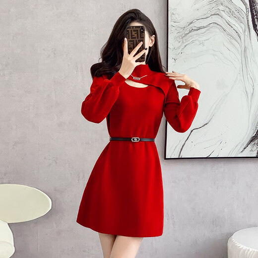 Xiao Yu (XIAOYU) 2025 Spring and Autumn New Women's Dress Small Bottoming Knitted Red Temperament Clothes Black One Size (Recommended 85-135Jin Jin is equal to 0.5 kg)