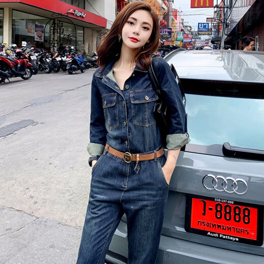 Splendid Anna Denim Jumpsuit Women's 2020 Autumn New Korean Style High Waist Slim Work Suit Temperament Casual Solid Color Jumpsuit K2901 Picture Color L