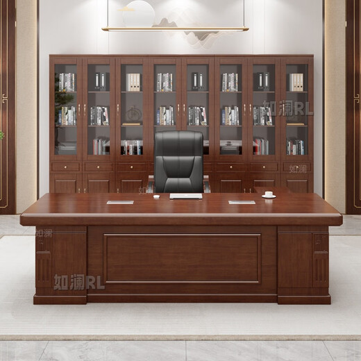 Rulan solid wood boss desk desk president desk simple modern executive desk new Chinese style office desk and chair combination boss desk + long and short deputy cabinet + chair + 6-door bookcase 2.0 meters