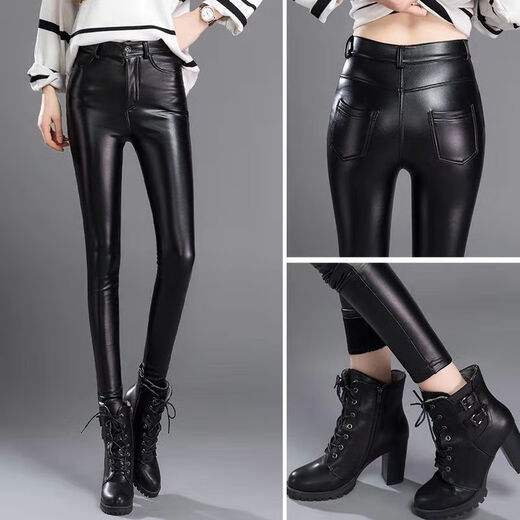Yayongling Lederhose für Frauen mit Samt verdickte hohe Taille elastischer koreanischer Stil schlanker Passform und schlanke kleine Füße für Frauen mit PU-Lederhosen Leggings 1105 [elastische Taille/hinzugefügte Samt] Verdickte M empfohlene 100-120jin [Jin gleich 0,5 kg]