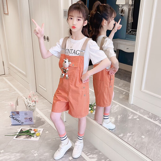 小咕嘟熊童装女童套装夏装中大儿童装休闲短袖两件套小女孩衣服背带裤服装 粉色 140