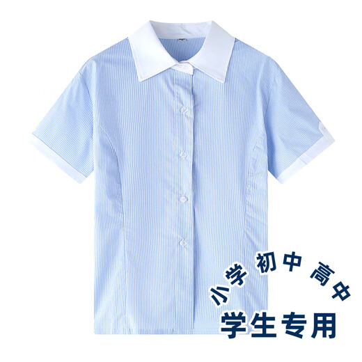Xin Yueqing children's summer short-sleeved shirt for boys and girls, primary and secondary school uniform shirt, white collar, blue pinstripe half-sleeved top, thin striped boys' short-sleeved shirt 160 cm