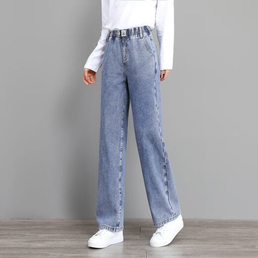 Jeans de pierna ancha yimuqi Jeans para niñas con pocos pantalones de pierna recta de primavera y verano Pantalones altos de la cintura delgada Casual Long Pantaleros 9855 Bibidas azules claros de alta calidad 60 S -75Jin [Jin equivale a 0.5 kg]