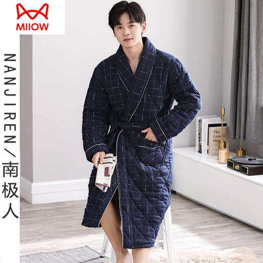 猫人（MiiOW）秋冬季男士睡袍浴袍加厚保暖睡衣纯棉夹棉长款加大码全棉浴衣男款 A1047-三层加厚夹棉-全棉 185(3XL)