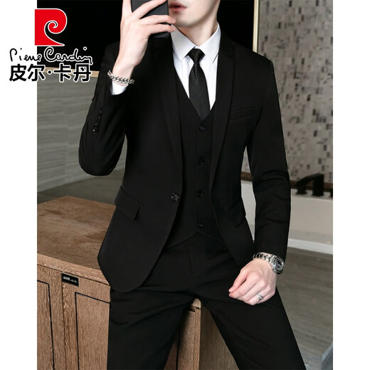 皮尔卡丹（pierre cardin）男士西服套装韩版商务职业正装伴郎修身毕业礼服结婚西装三件套男 两扣藏青【西服+裤子+衬衫】腰带 6XL