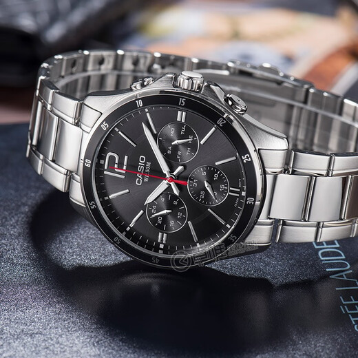 CASIO watch MTP series quartz waterproof men's watch black plate steel band MTP-1374D-1A