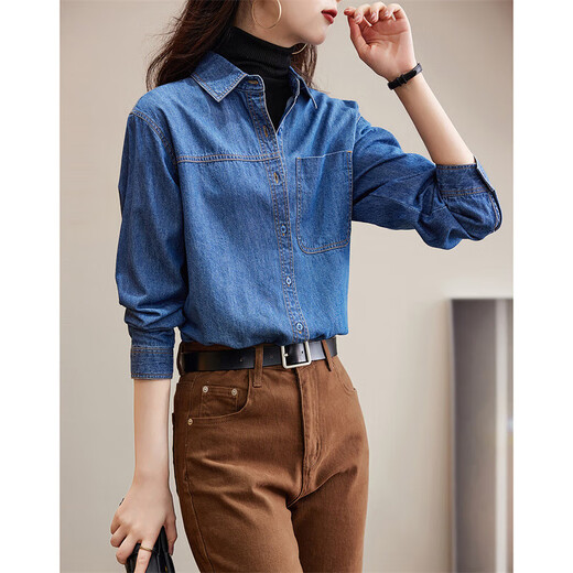 Demana (dme) 100% cotton denim bamboo shirt lapel long sleeve topstitch shirt women's top medium denim blue S