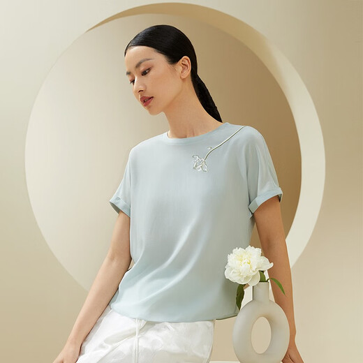
Jinsan Tower Foundation Base Clothes Jurchen Silk Chinese Print Top Small Shirt YSFDA701 Light Misty Blue 5350 M