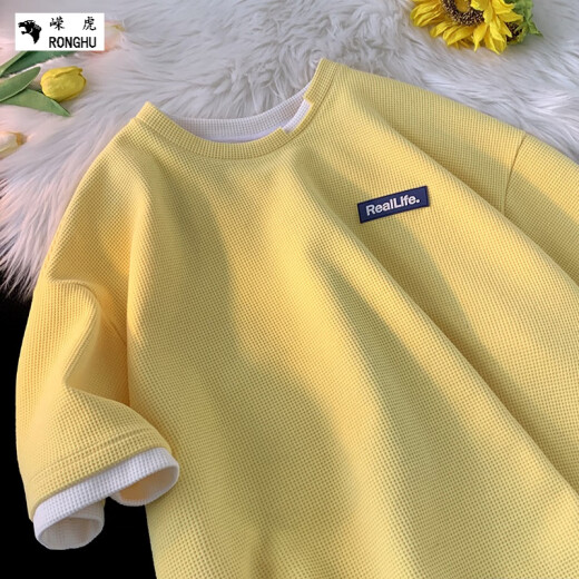 
Ronghu waffle short-sleeved T-shirt design mint mambo summer green loose top round neck summer couple top 1048 white 2XL