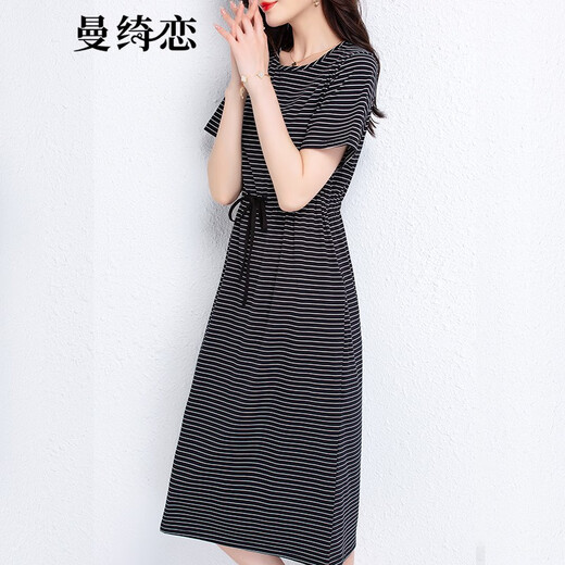 曼绮恋短袖条纹t恤女2022新款夏季中长款过膝纯棉连衣裙宽松显瘦百搭系带T恤裙子潮 藏青条纹6627 L