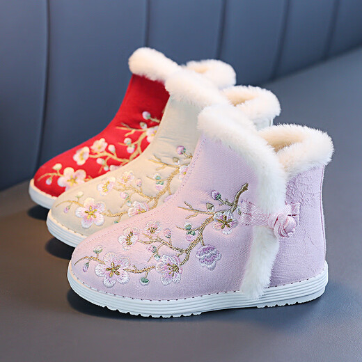 Children's shoes, old Beijing cloth shoes, girls' embroidered shoes, ethnic style children's antique cotton shoes, baby winter velvet costume Hanfu shoes, A5145 pink, size 30/inner length 18.3cm