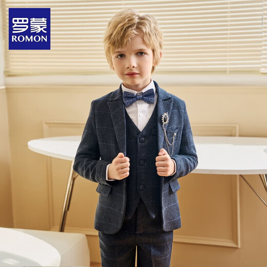 罗蒙儿童西装套装男童主持人花童礼服演出服 蓝线格五件套 130