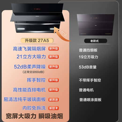 老板（Robam）油烟机侧吸21立方大吸力免拆洗抽油烟机燃气灶套装家用吸油烟机27A5 【烟灶搭配702X消毒柜三件套】