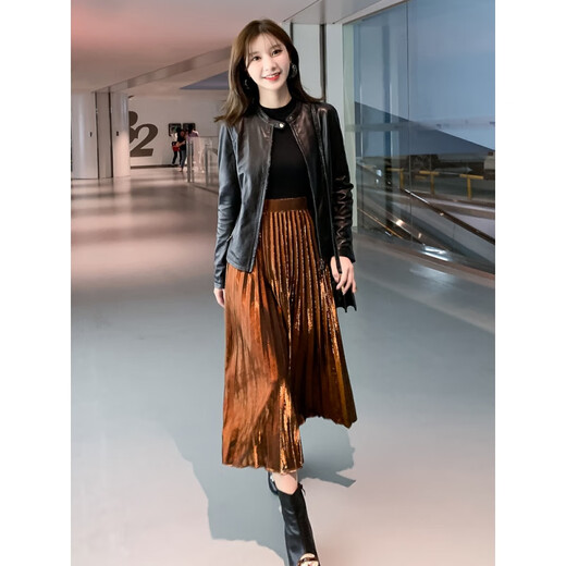 泊诗兰（Ptslan）进口绵羊皮真皮皮衣外套女短款欧货新款海宁修身P9420 黑色 L【105-114斤】