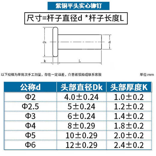Jinggong copper rivets, copper flat head solid rivets, copper rivets, flat head percussion rivets GB109 M2-M8 3*5 (50 pcs)