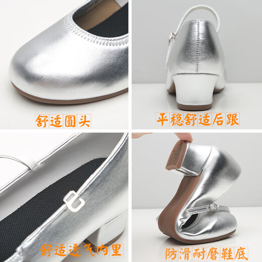 Bazeman dance shoes for women soft sole mid-heel Latin dance shoes round toe square dance shoes for women dancing shoes for women spring and summer new style silver (soled) 3.5 cm 37 (235)