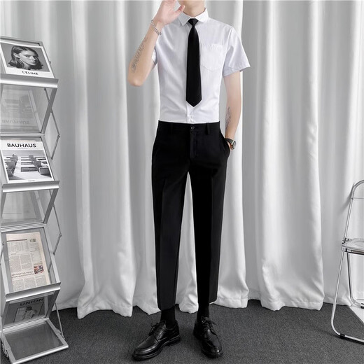 Xinghelai Summer New Herren kurzärmeliges weißes Hemd plus Hose Set Professionelles Hemd gutaussehende Business formelle Arbeitskleidung + Neun-Punkte-Hose + Krawatte L.