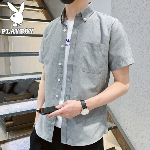 Playboy PLAYBOY short-sleeved shirt men's summer thin shirt men's trendy loose half-sleeved student casual bottoming shirt top five-quarter sleeve men's simple and versatile men's wear 2811DX Gray XL