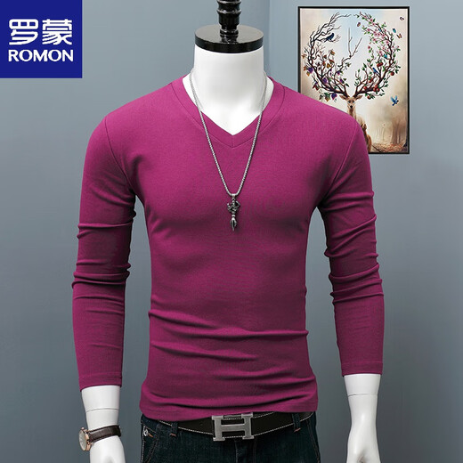 ROMON Cotton V-neck Bottoming Shirt Men's 2025 Autumn and Winter Large Size Slim Simple Long Sleeve T-shirt Korean Style Warm Top Black L 120Jin Jin equals 0.5kg Wear left and right