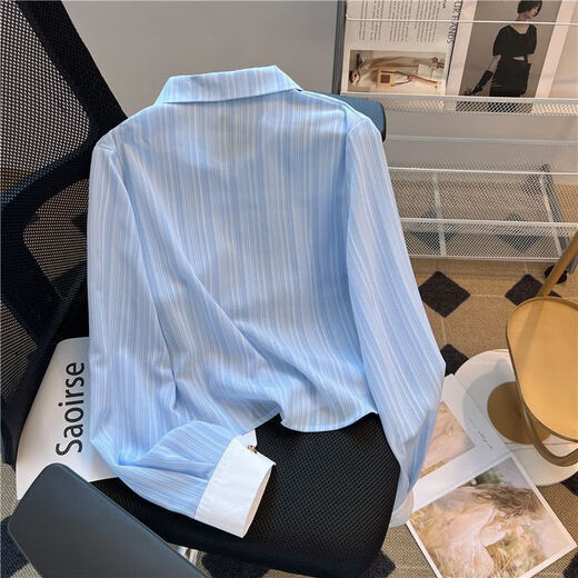 FSHE Xiaoxiangfeng blue striped long-sleeved shirt for women summer and autumn petite short chic shirt French polo collar top Main picture color M