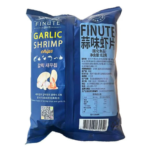 FINUTE Qulaifu shrimp chips 82g garlic large bag Korean imported potato chips shrimp strips puffed food internet celebrity casual snacks