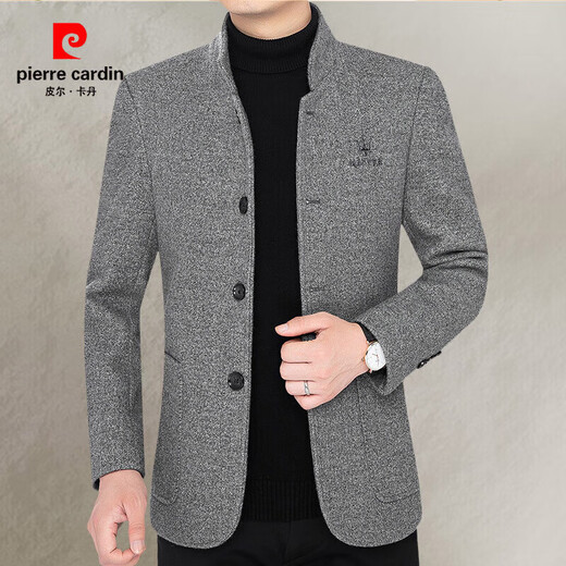 皮尔卡丹（pierre cardin）羊毛呢外套男秋冬季中年商务立领夹克男休闲潮流羊毛绒外套男爸爸 藏青 M (100-120斤)