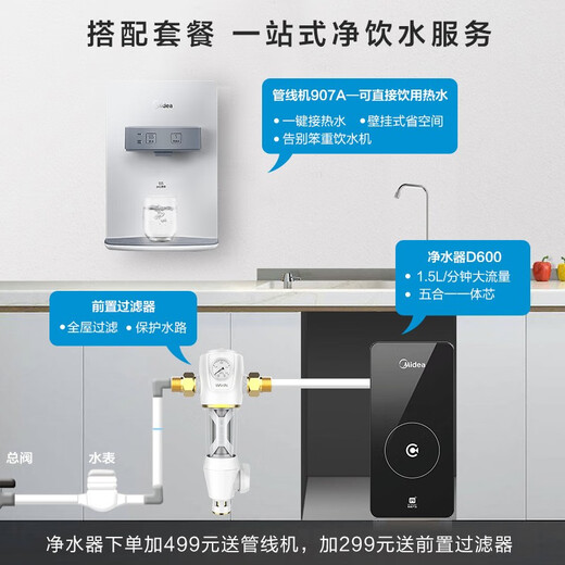 Midea Smart Home Appliance Water Purifier MRO2008-600G Household Kitchen D600 Bucket-free Large Fluid Low Wastewater RO reverse osmosis Pure Water Machine [Intelligent] WIFI Intelligent Control-D600