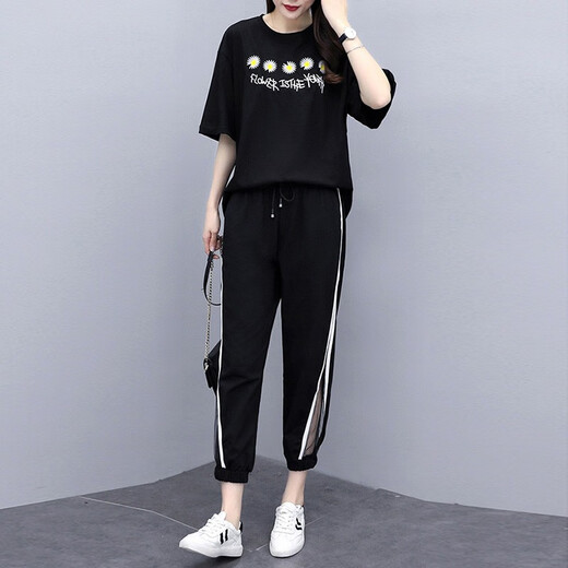 
Shanidoluo large size women's suit female fat mm summer fat man looks slim and fat plus size women's loose casual suit 16014 black-little daisy 15911 4XL (recommended 175-190Jin [Jin equals 0.5 kg])