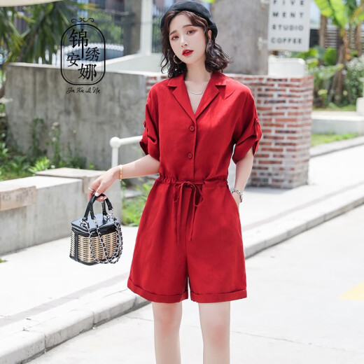 Splendid Anna Jumpsuit Women's Summer 2020 New Korean Fashion Temperament Casual Suit Small Shorts High Waist Slim Jumpsuit K2067 Red M