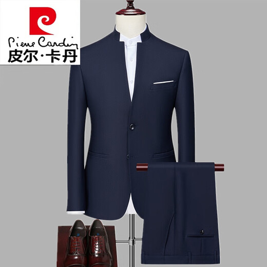 Pierre Cardin Chinese tunic suit for middle-aged men, Chinese stand-up collar suit, men's wedding dress, casual suit jacket, men's spring knitted black-single 3XL