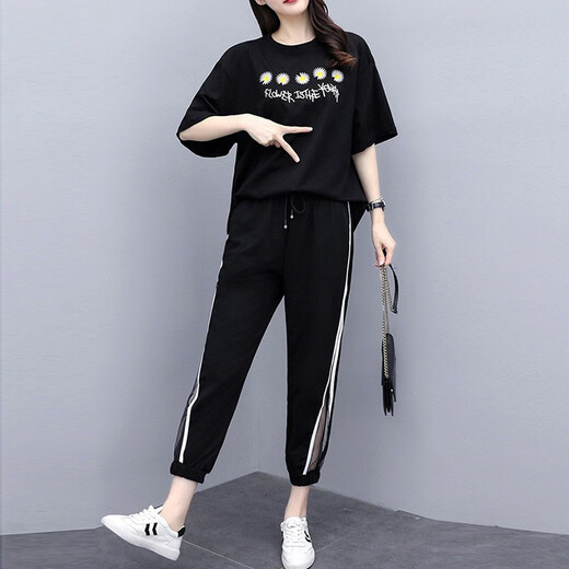 
Shanidoluo large size women's suit female fat mm summer fat man looks slim and fat plus size women's loose casual suit 16014 black-little daisy 15911 4XL (recommended 175-190Jin [Jin equals 0.5 kg])